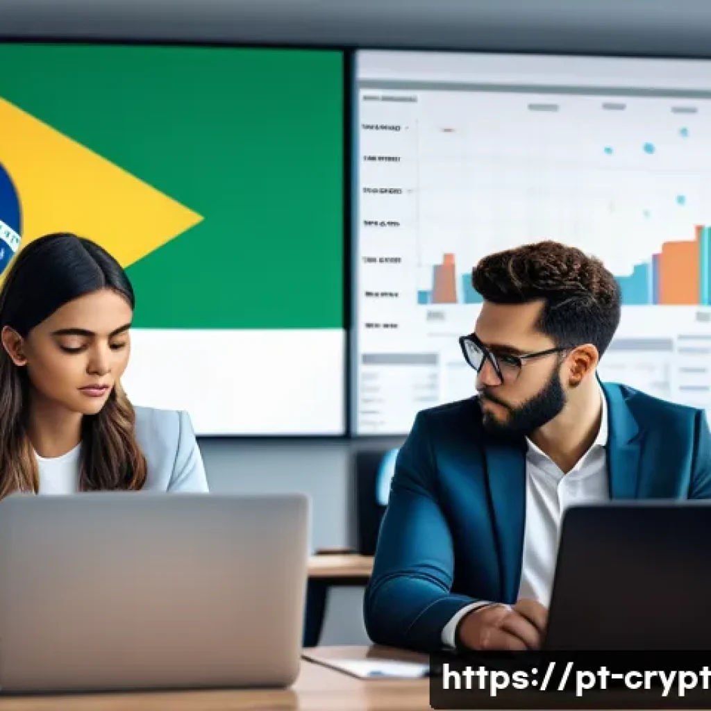 암호화폐의 법적 권리와 보안 개념 - A modern Brazilian urban office environment with diverse professionals collaborating on cryptocurren...