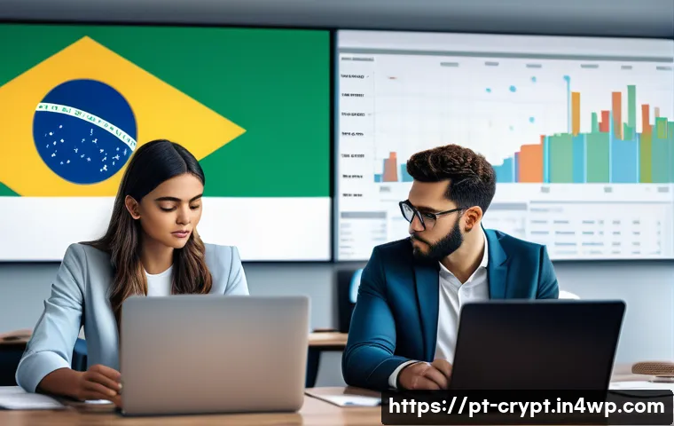암호화폐의 법적 권리와 보안 개념 - A modern Brazilian urban office environment with diverse professionals collaborating on cryptocurren...