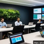 Home 22 지속적인 보안 교육의 필요성 - A modern corporate office scene showing a diverse team of Brazilian employees engaged in an interact...