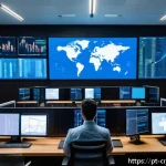 Home 18 암호화폐 해킹 피해 사례 및 분석 - A high-tech cybersecurity control room with diverse professionals monitoring multiple large screens ...