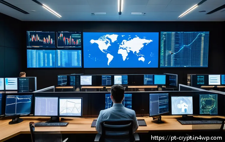 암호화폐 해킹 피해 사례 및 분석 - A high-tech cybersecurity control room with diverse professionals monitoring multiple large screens ...